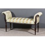 An Edwardian Dark Mahogany Scroll End Window Seat, upholstered in blue and cream striped cloth on