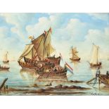 20th Century School - Seascape with Dutch rigged vessels close to shore, indistinctly signed, panel,