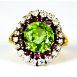 A Peridot, Diamond and Ruby Cluster Ring, Modern, yellow metal set with a centre faceted green