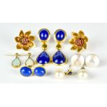 Six Pairs of 9ct Gold Gem Set Earrings, for pierced ears,comprising - one pair of drop lapis lazuli,