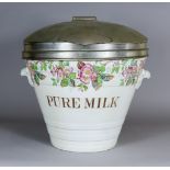 A White Glazed Pottery "Pure Milk" Two-Handled Pail, Early 20th Century, the body transfer printed