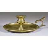 A Cast Brass English Chamber Candlestick with Royal Connections, the pan etched with with crown over