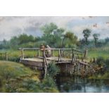 Valentine Thomas Garland (1868-1914) - Watercolour - River landscape with figures on a bridge, 10.