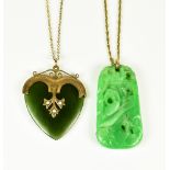 Two Jade Pendants, Modern, comprising - one in the shape of a heart mounted in gold coloured