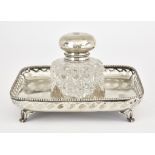 An Early 20th Century Dutch Silvery Metal Square Ink Stand and Silvery Metal Mounted Hobnail Cut