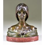 Emmanuel Villanis (1858-1914) - Bronze bust - contemplative girl with flowers at her breast, signed,