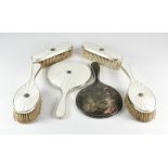 An Elizabeth II Silver and White Guilloche Enamel Backed Five Piece Dressing Table Set, by T P,