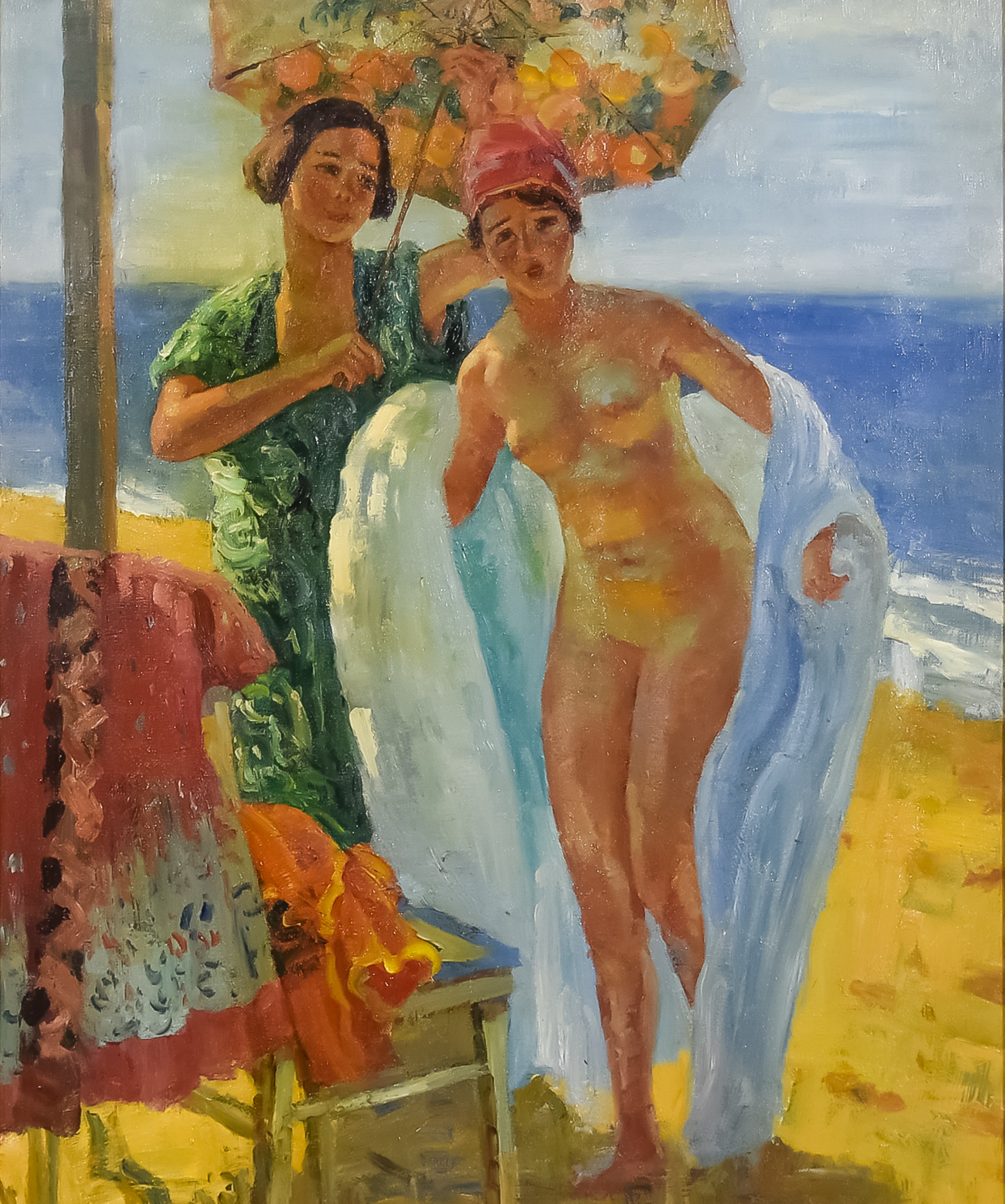 20th/21st Century School - Oil painting - Two ladies at the seaside, one with a parasol, the other