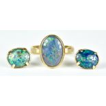 A 9ct Gold Opal Ring with Earrings, 20th Century, opal ring set with centre cabochon opal, size P,