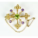 A 9ct Gold Seed Pearl, Amethyst and Peridot Brooch, Early 20th Century, set with seed pearls,