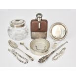 A George VI Silver Mounted and Brown Leather Covered Glass Hip Flask and Mixed Silver Ware, the