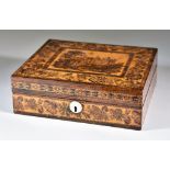 A Rosewood and Tunbridge Ware Box, Victorian, the lid with a grand house within a trailing border of
