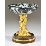 A Bronze, Gilt Bronze and Polished Marble Tazza, Late 19th Century, the gilt bronze dolphin on