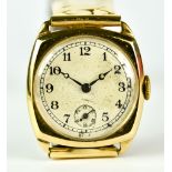 A Gentleman's 9ct Gold Watch, Mid 20th Century, square case, 25mm x25mm, white dial with black