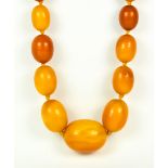 A String of Graduated Butterscotch Amber Beads, 20th Century, 750mm in length, 9ct gold clasp, gross