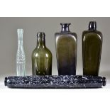 A Nailsea Type Glass Rolling Pin, Early 19th Century, 14.5ins, a 19th Century moulded gin bottle