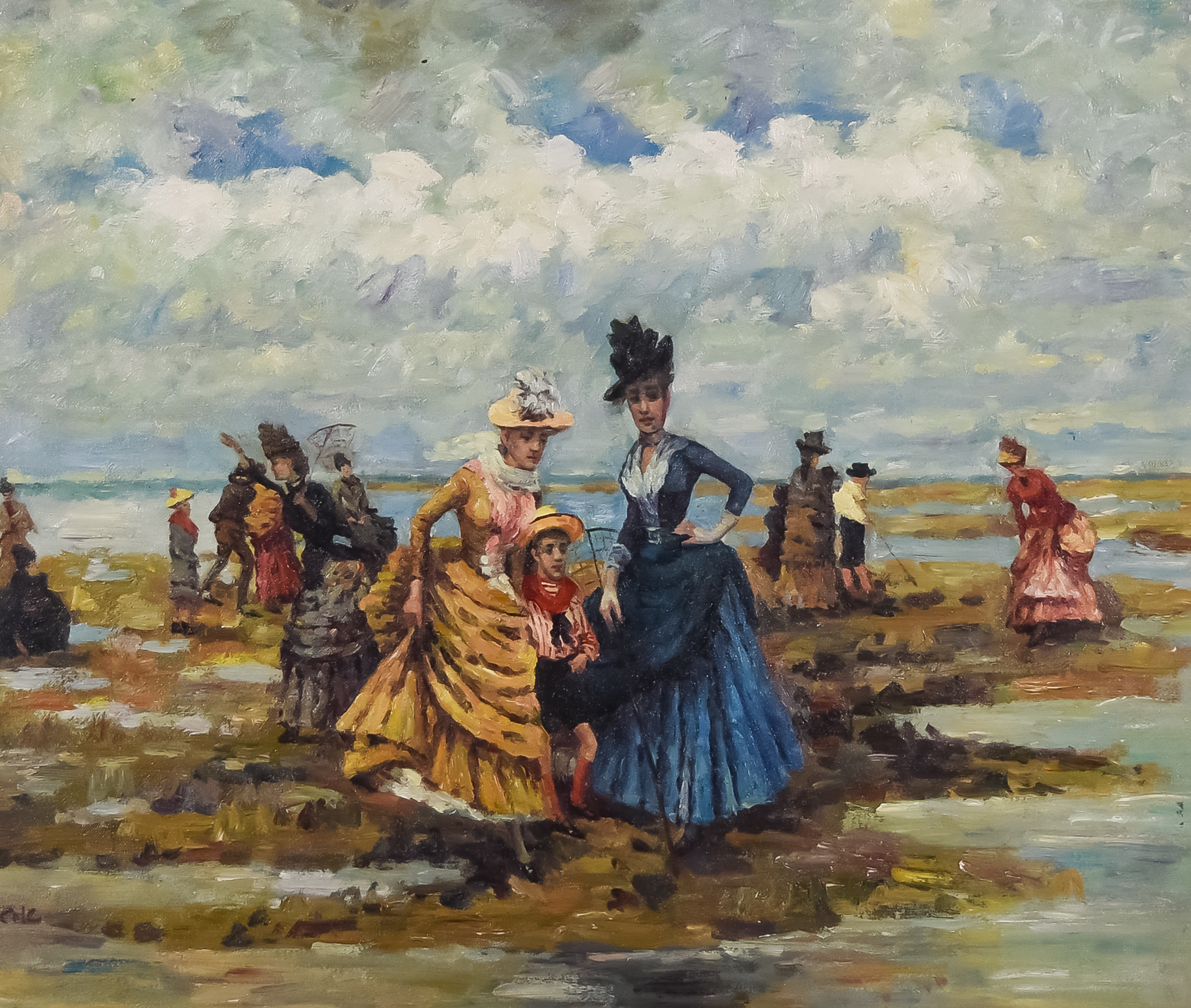 S Cole (Late 20th Century) - Oil painting - Figures in Edwardian dress, enjoying a day at the
