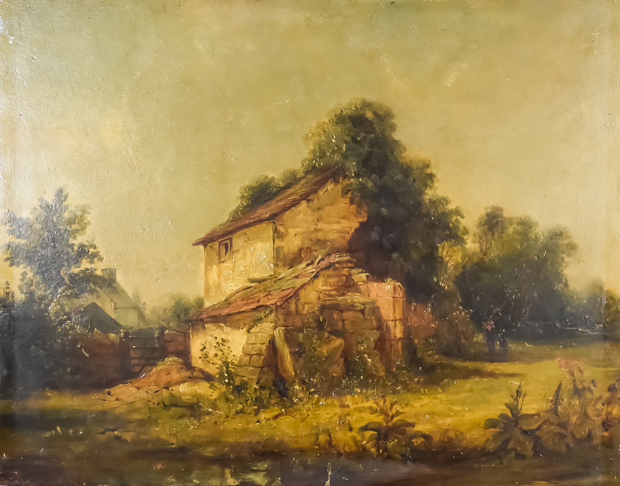 19th Century English School - Oil painting - Ruined cottage by a pond, mahogany panel 16.25ins x