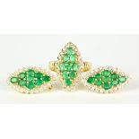 A 14ct Gold Emerald and Diamond Ring with Earrings, 20th Century, set with a centre cluster of