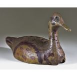 A Painted Wooden Decoy Duck, naturalistically painted in shades of brown, green and yellow, 11ins