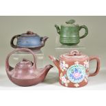 Four Chinese Yixing Stoneware Teapots and Covers, including - example enamelled in colours with