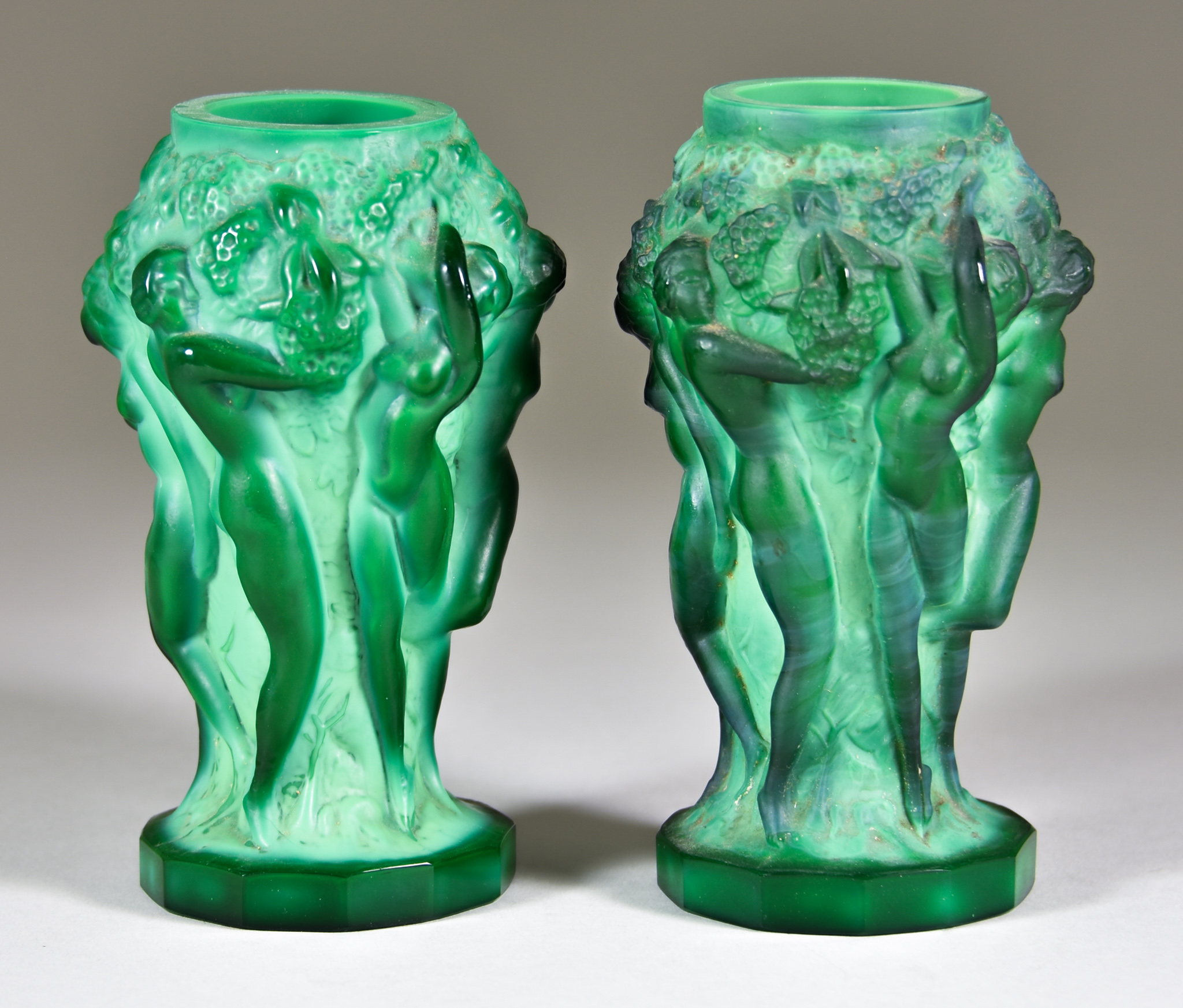 A Pair of Hoffman & Schlevogt "Ingrid" Malachite Glass Vases, 1930s/50s, of dancing nude figures,
