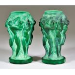 A Pair of Hoffman & Schlevogt "Ingrid" Malachite Glass Vases, 1930s/50s, of dancing nude figures,