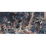 19th Century Japanese School - Japanese woodblock print in colours - Triptych with battle scene at