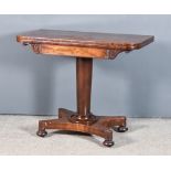 A Late George III Mahogany Rectangular Card Table, the baize lined folding top with rounded front