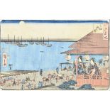 19th Century Japanese School - Japanese woodblock print in colours - Moonlit scene with two ladies