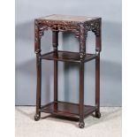 A Chinese Hardwood Rectangular Three Tier Occasional Table with Veined Marble Slab to Top, the