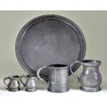 A Collection of 19th Century English Pewter, including - two James Yates tankards, 5ins high and 3.