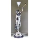 Emmanuel Vallanis (1858-1914) - Spelter lamp - lady holding trumpets, on circular base, signed,