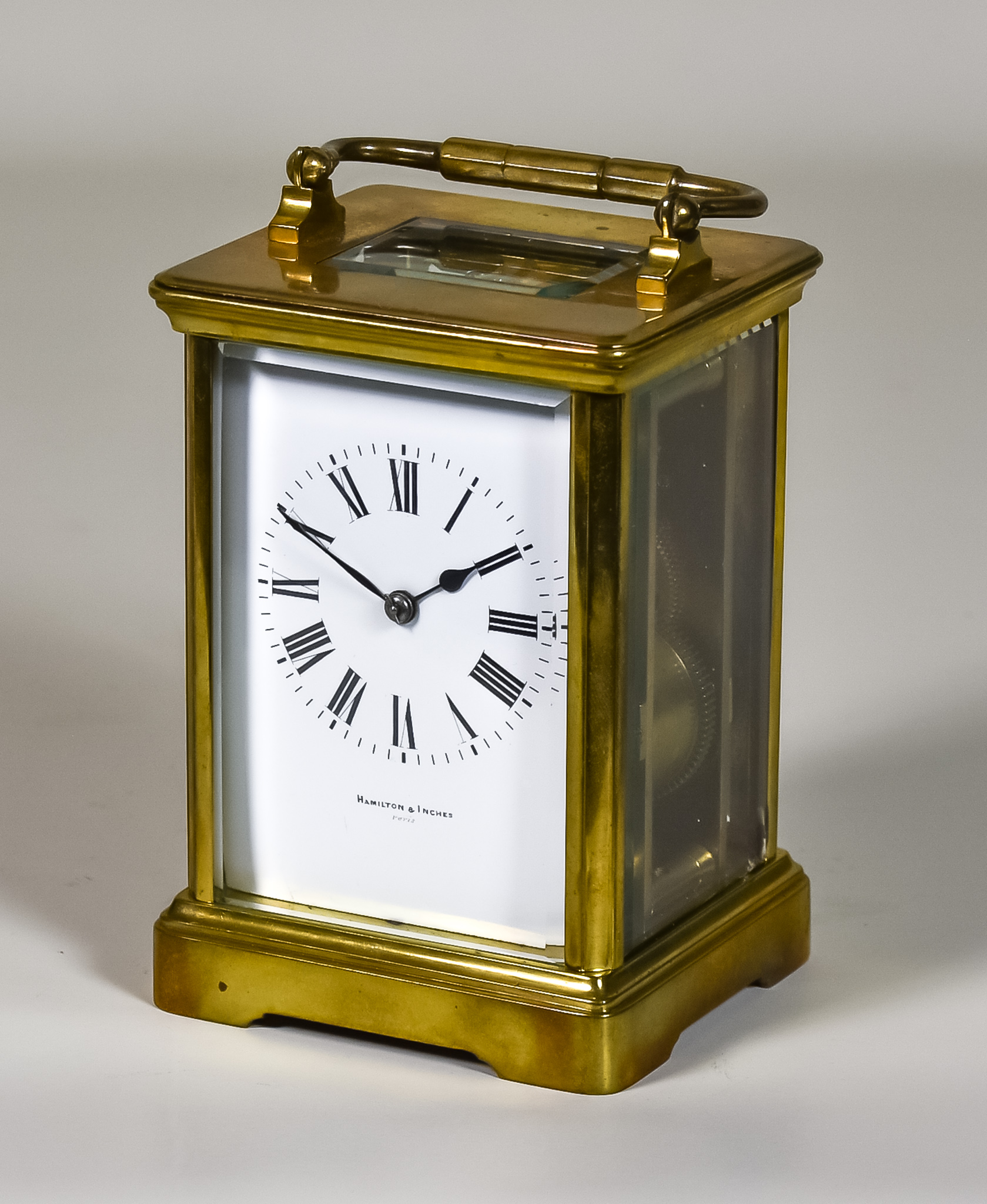 A Late 19th Century French Carriage Clock, by Hamilton & Inches, Paris, No.4666, the white enamel