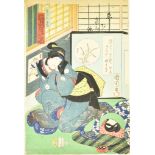 Kunisada Utagawa II (1823-1880) - Japanese woodblock print in colours - Kneeling lady with open book