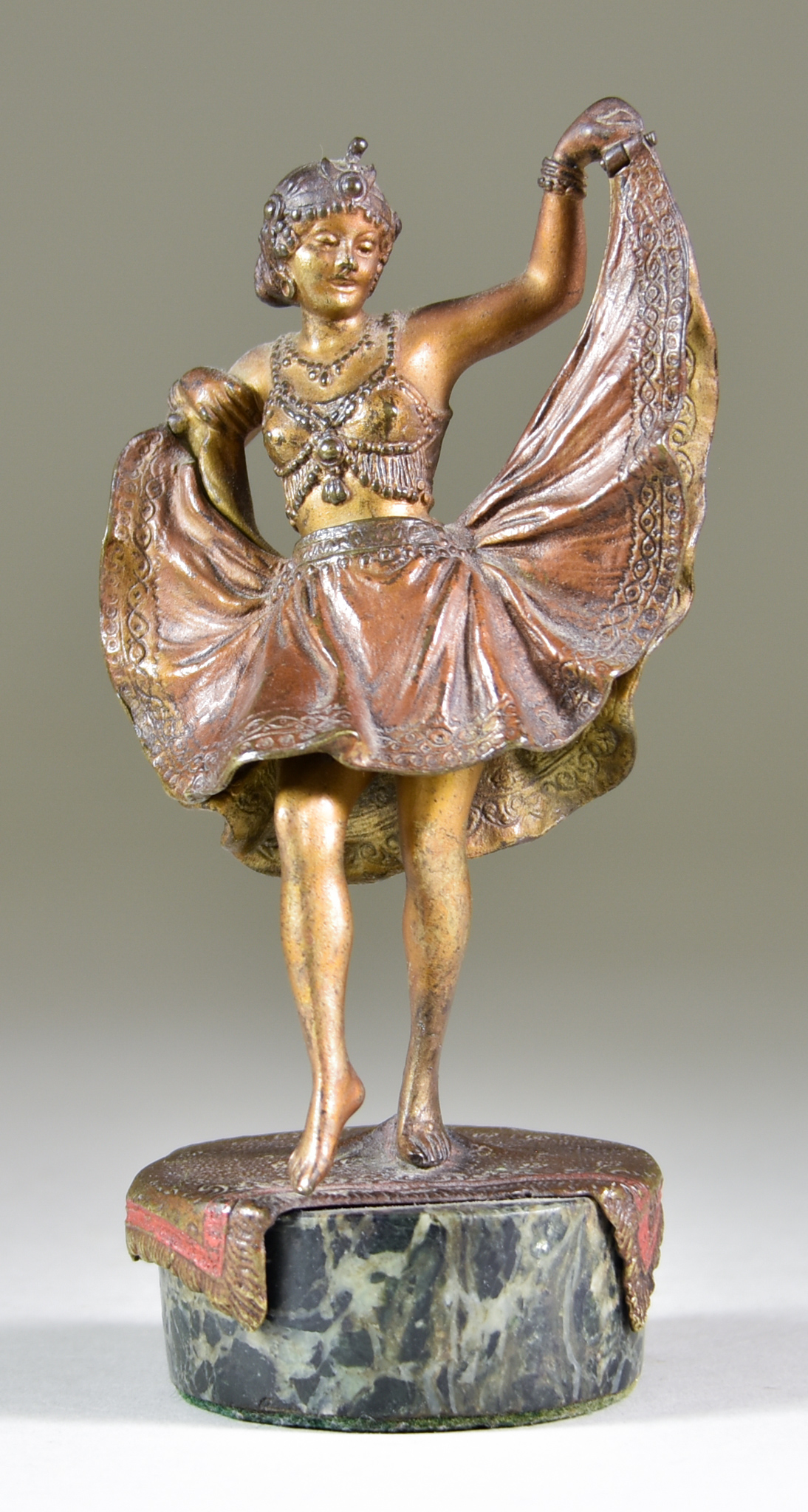 Franz Bergmann (1861-1936) - Cold painted bronze figure - exotic dancer, her skirt lifting to expose