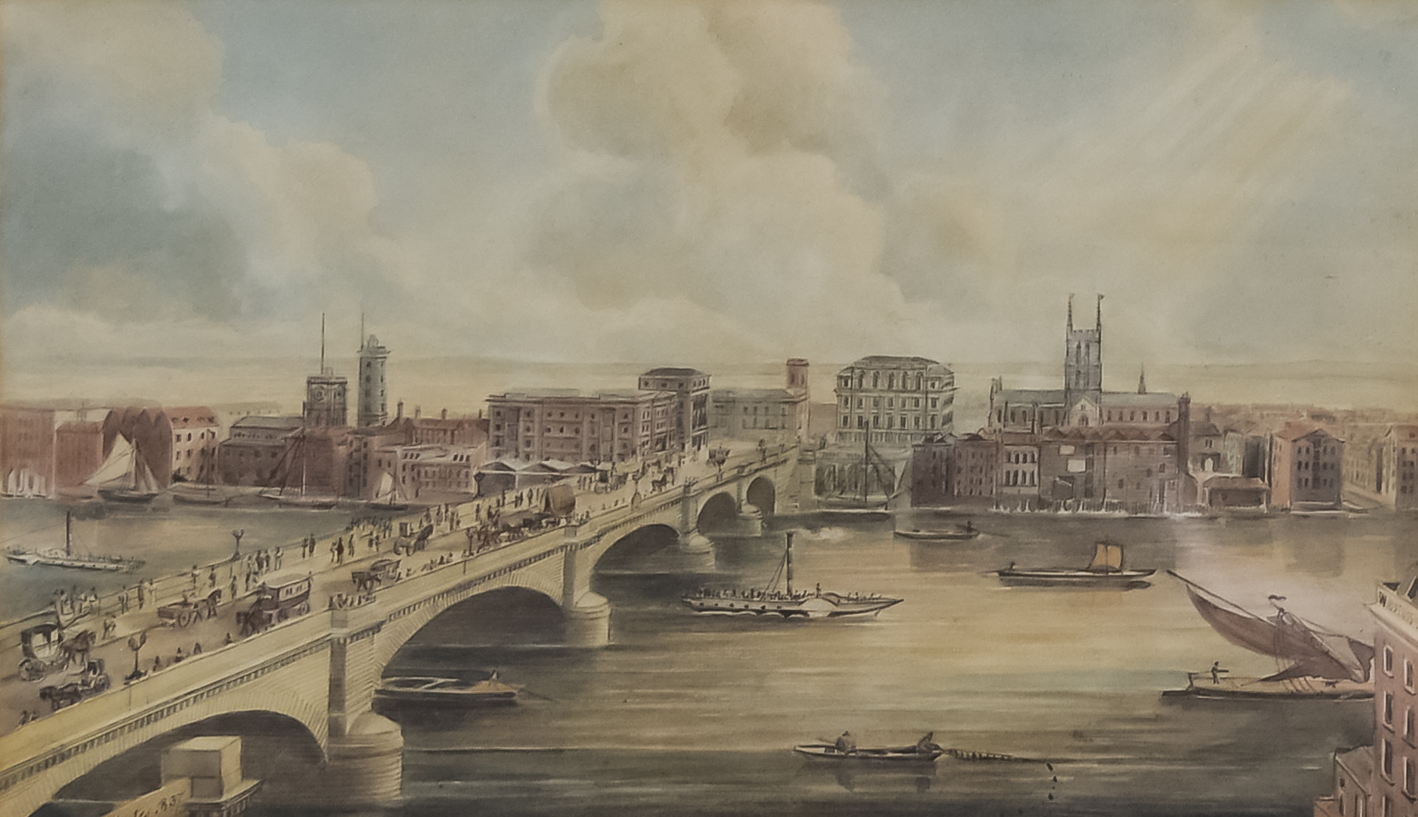 Gideon Yates (act. 1790-circa 1837) - Watercolour - "Southwark from Fishmongers Hall", signed and