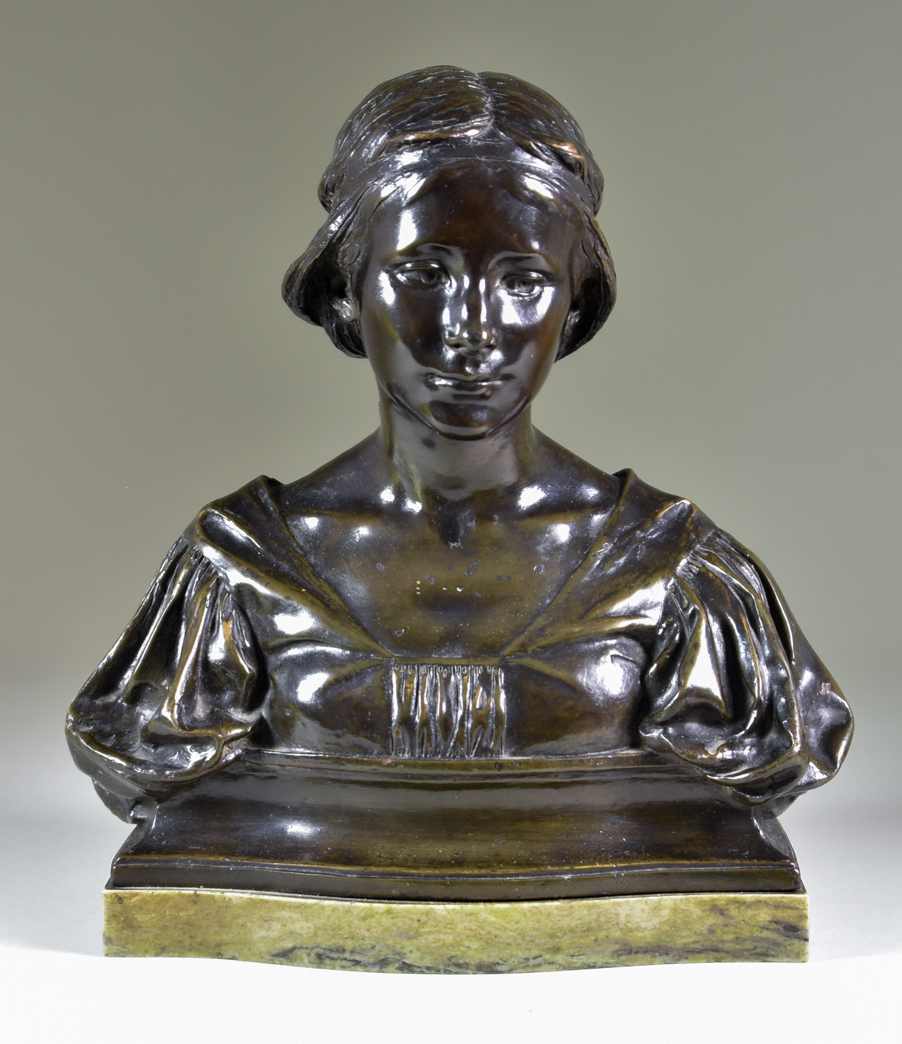 Alfred Drury (1859-1944) - Bronze bust - "Griselda", signed, on green polished marble base, 10.