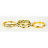 A 22ct Gold Wedding Band, and Two Gem Set Rings, the 22ct wedding band, size O, gross weight 2.1g,