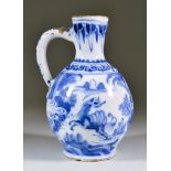 A Frankfurt or Hanau Blue and White Tin-Glazed Jug, Early 18th Century, painted in Chinese taste