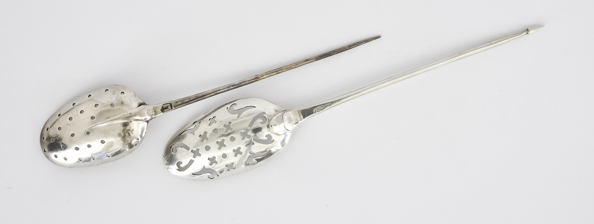 Two 18th Century Silver Mote Spoons, one double drop possibly by Thomas Oliphant, London, circa