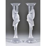 A Pair of Igor Carl Faberge Opalescent and Clear Glass Candlesticks, Late 20th Century, the stems