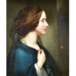 Robert Fox (born 1810) - Oil painting - Shoulder-length portrait of young woman wearing a blue dress