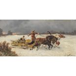 G. Wolski (19th/20th Century) - Oil painting - Hunters on a troika, signed, panel 6ins x 12.5ins, in