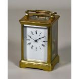 A Late 19th Century French Carriage Clock, the white enamel dial with Roman numerals to the eight