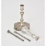 A Victorian Silver Table Seal and a Silver Taper Stick, the seal maker's