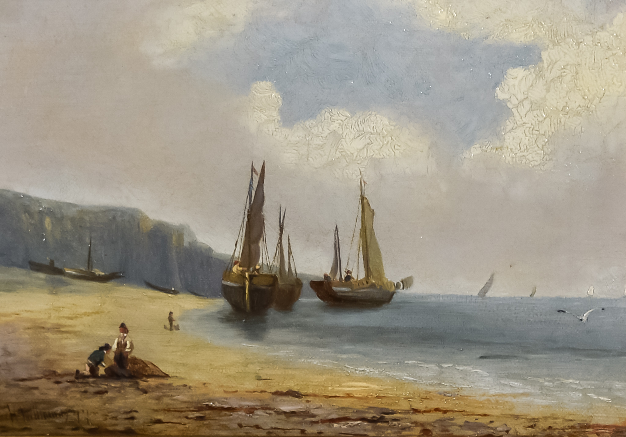 William Harry Williamson (1820-1883) - Oil painting - Boats moored on a shoreline with figures to