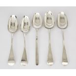 A George III Silver Marrow Spoon and Two Pairs of George II Silver Table Spoons, the marrow spoon by