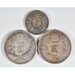 Meiji Dynasty - Two One Yen Silver Coins, Circa 1900, each 39mm diameter and 26.8g, and one other