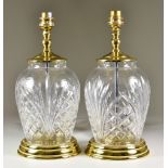 A Pair of Waterford Crystal "Avery Accent" Table Lamps, with brass fittings, 12ins high, and